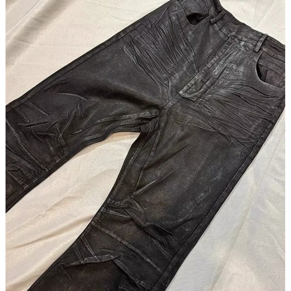 Men's Jeans Dark Niche Handmade Wax Coated Washed Flared Jeans with FloorLength Feel Double Knee Pleats and Distressed Finish Men's Clothing
