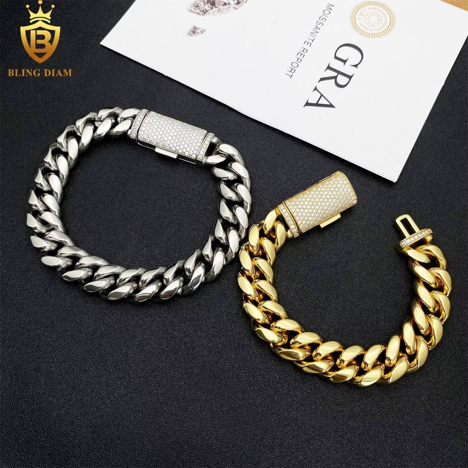 14mm Hip Hop Jewelry Cuban Link Chain 925 Sterling Silver Vvs Moissanite Iced Out Stainless Steel