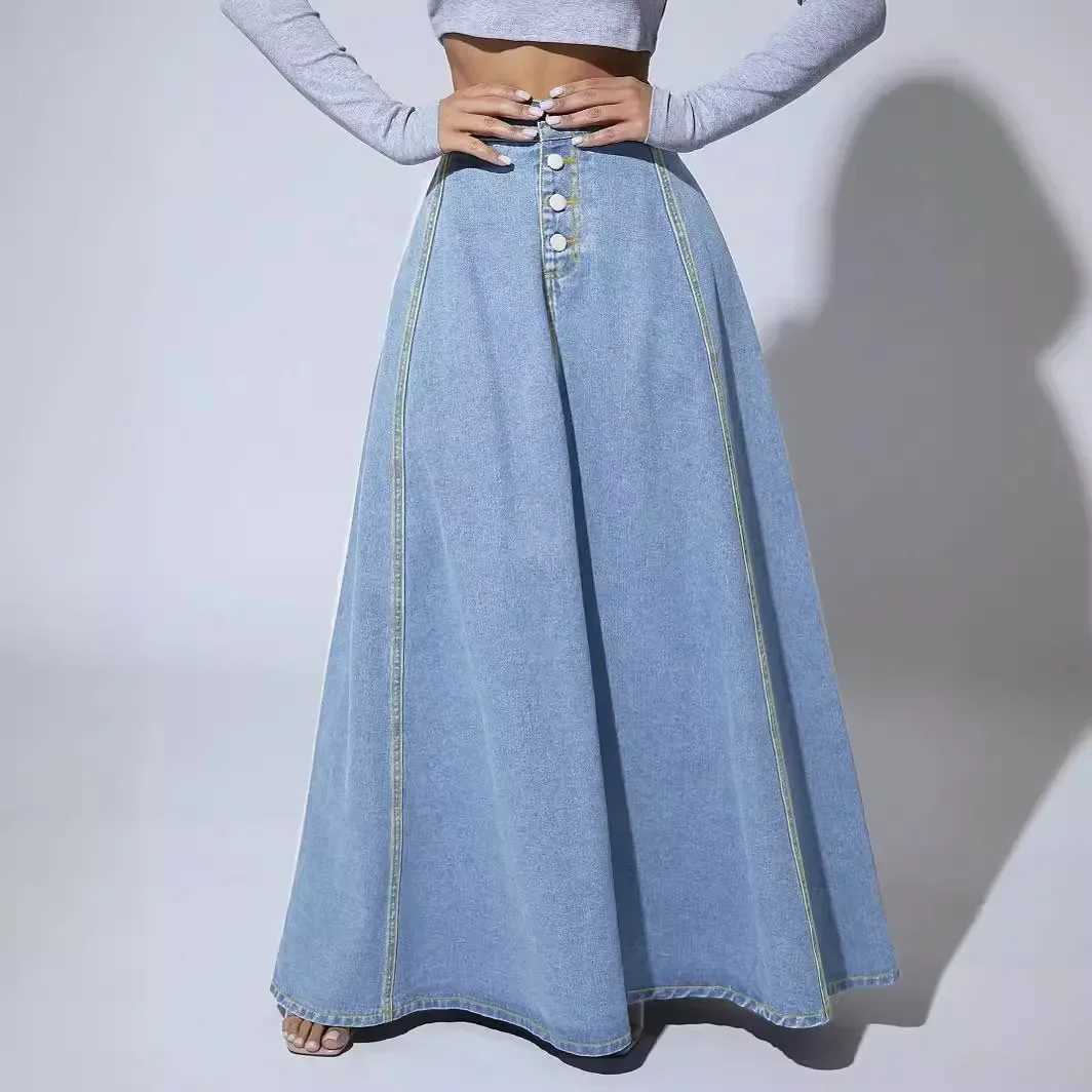 Denim Skirts Women Long Skirt A Line Single Breasted High Waist Jeans Vintage Maxi Simple Casual Elegant Splice Y2k Streetwear M260316
