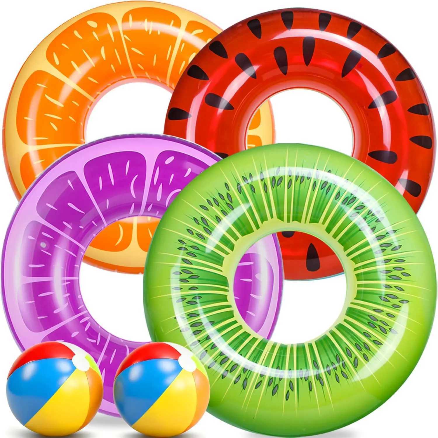 6-Pack Inflatable Pool Floats for Kids and Adults Includes 4 Fruit Rings and 2 Beach Balls Summer Swim Toys M260316
