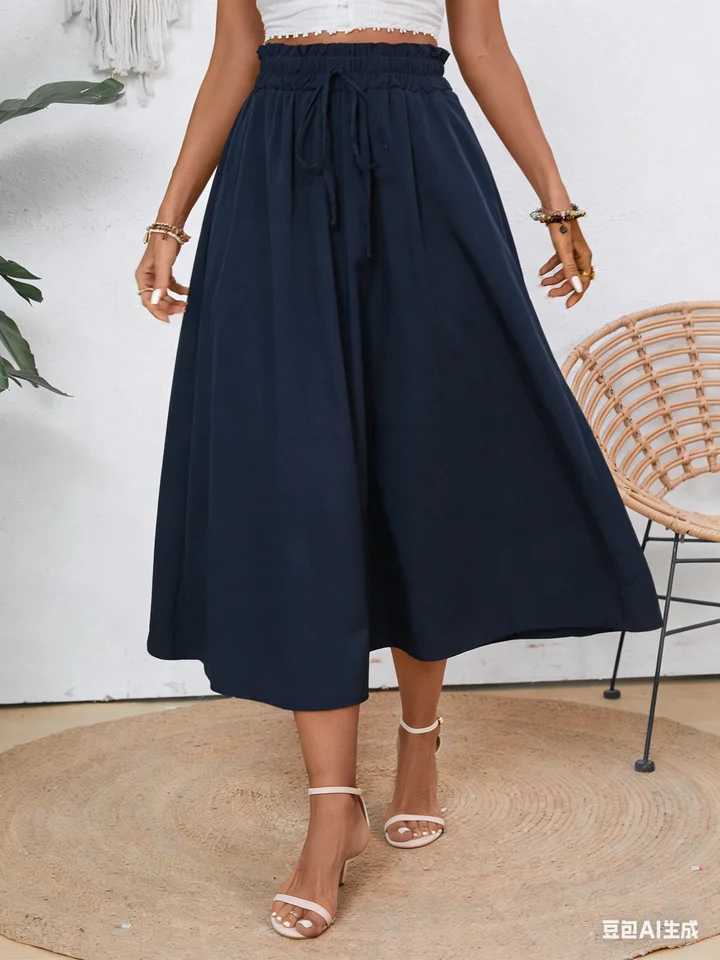 Womens High-Waisted a Line Skirt Elegant Flowy Half Skirt with Elastic Waist and Pockets Perfect for Casual Outings M260316