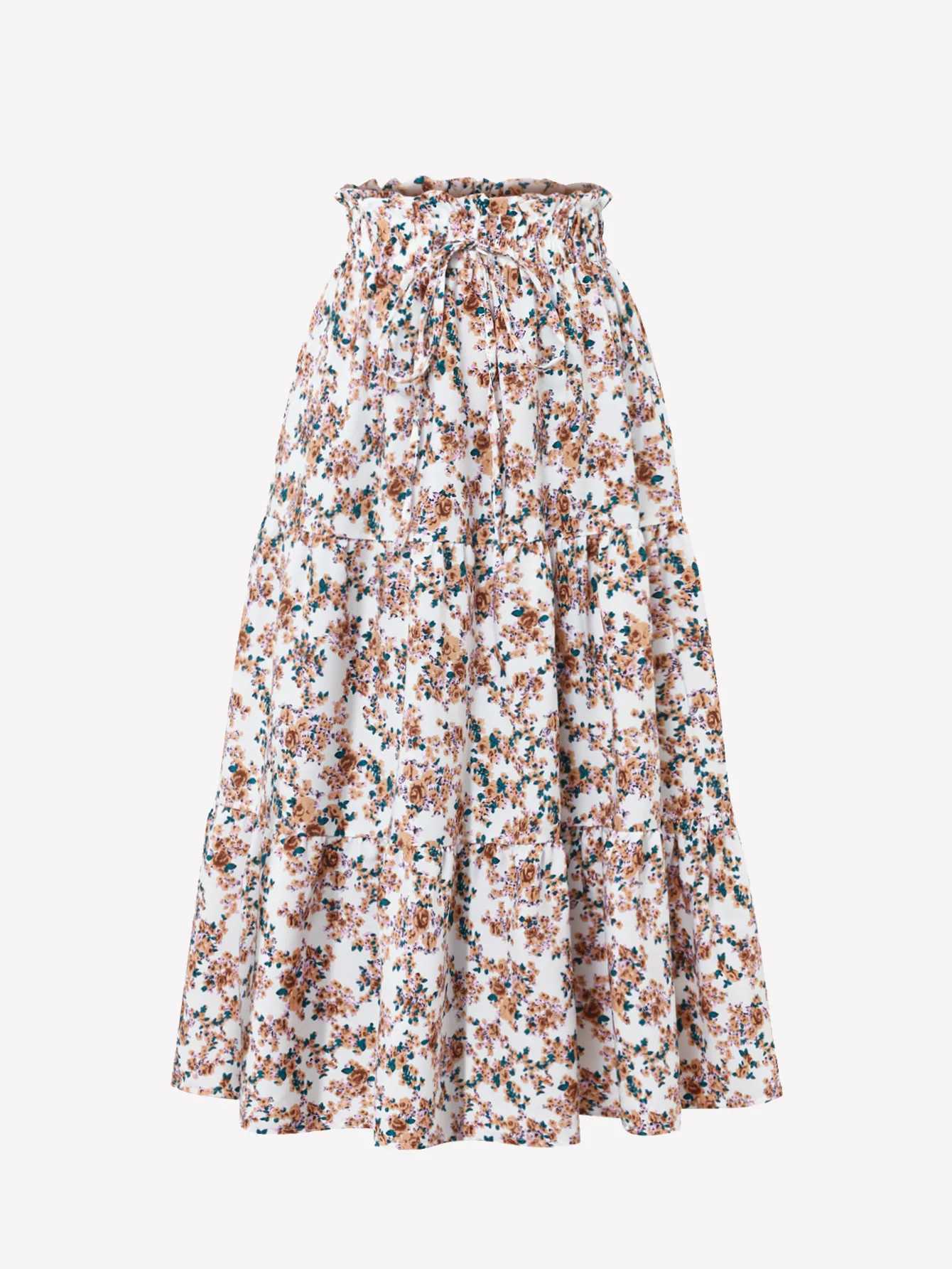 Floral Print A-Line Midi Skirt for Women Elastic Waist Ruffled Tiered Flared Bohemian Daily Wear Skirt M260316