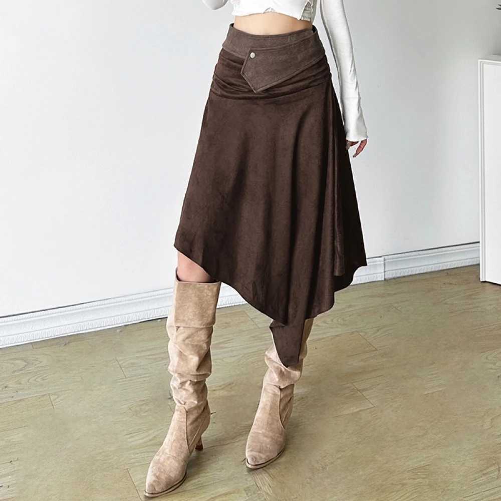 SylCue Casual Fashion Mid Skirts Woman Elastic Waist Ruched Irregular Hem Street Versatile Style Elegant SiMple Basic Bottoms M260316