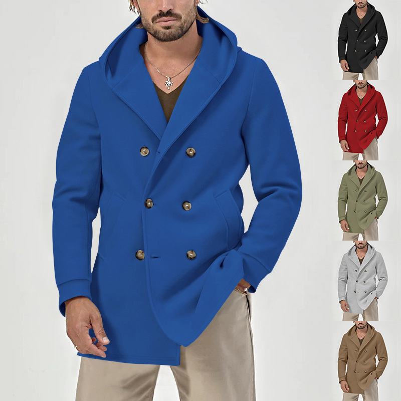 European And American Men's Polo Midlength Slim Shirt Fit Woolen Trench Hoodie Coat With Hood Solid Color Windproof Reversible Jacket