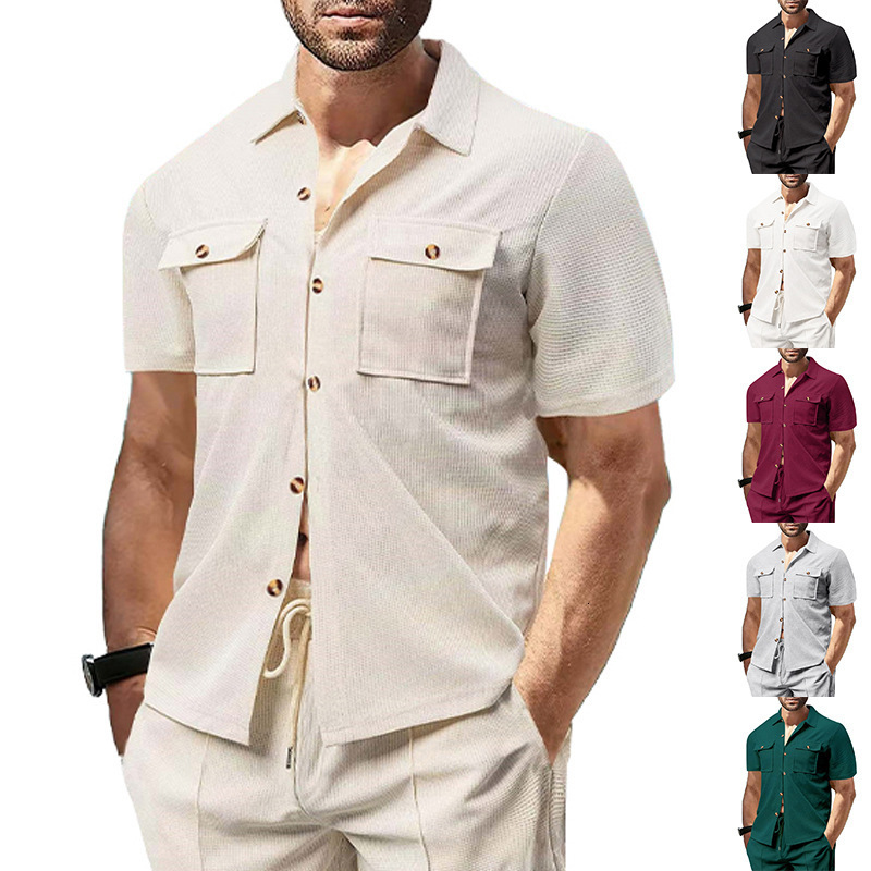 Summer European Designer T-shirt And American Men's Waffle Short Sleeve Casual Solid Color Collar Designer Hoodie Button Polo Pocket Work Shirt