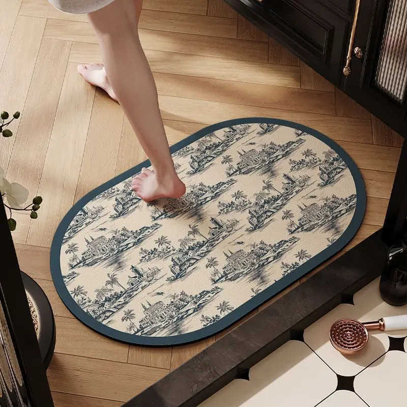 VIKAMA Vintage Pattern Oval Bathroom Mat Water Absorbent Quick Drying Non Slip Rug For Home Entryway And Washroom Floor Mat H260316
