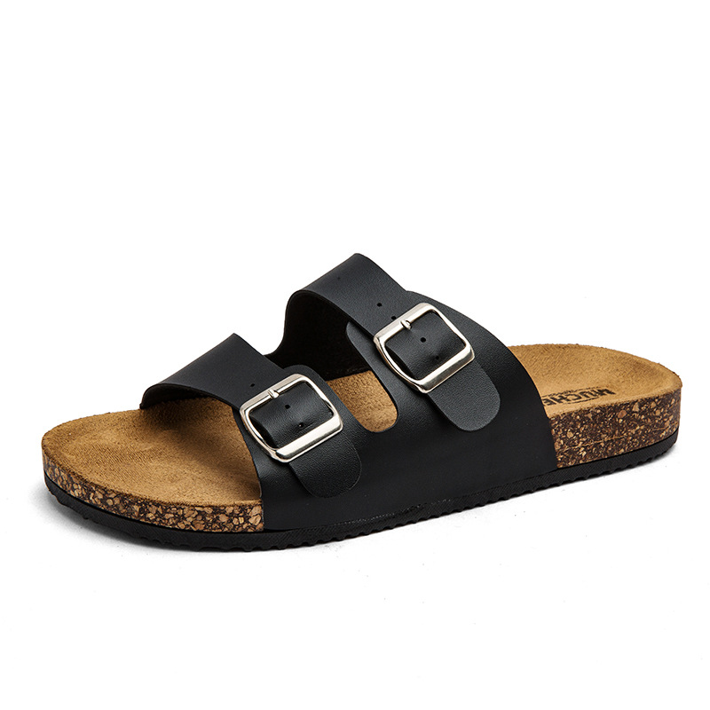 Fashion Slippers 2026 Men Women Adjustable Buckle Flat Sandals Brown Faux Leather Comfort Slides