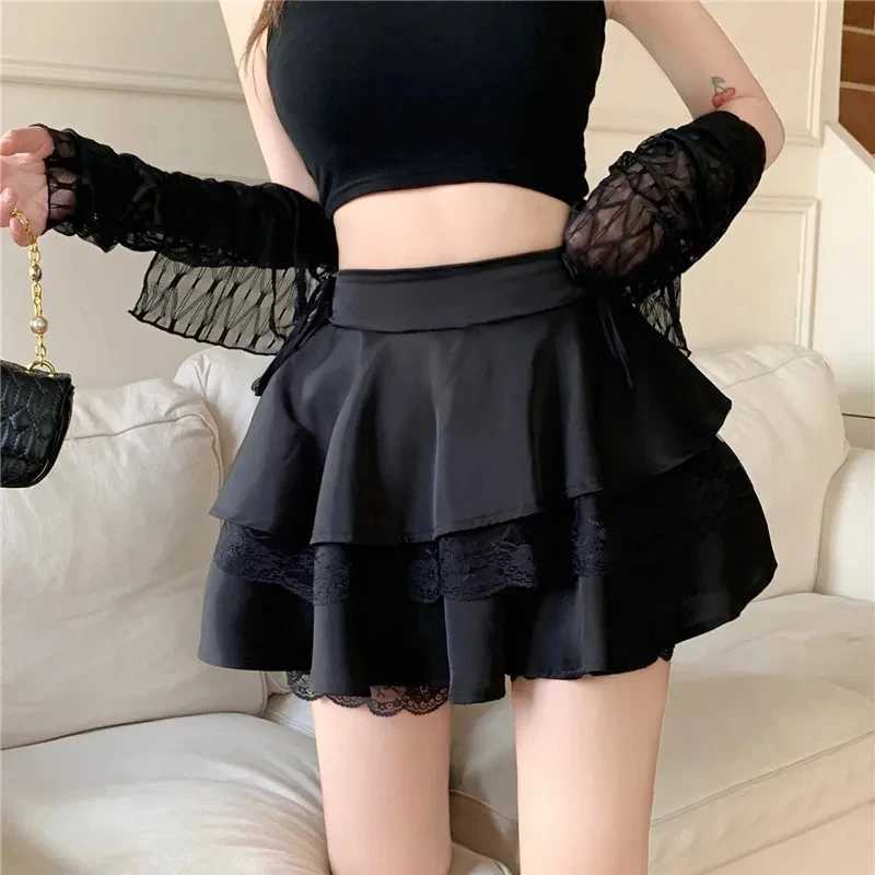 Y2K Sweet Solid Women Mini Skirt Summer High Waist Lace Patchwork Ladies Gown Fashion All Match Ruffles Female Skirt M260316