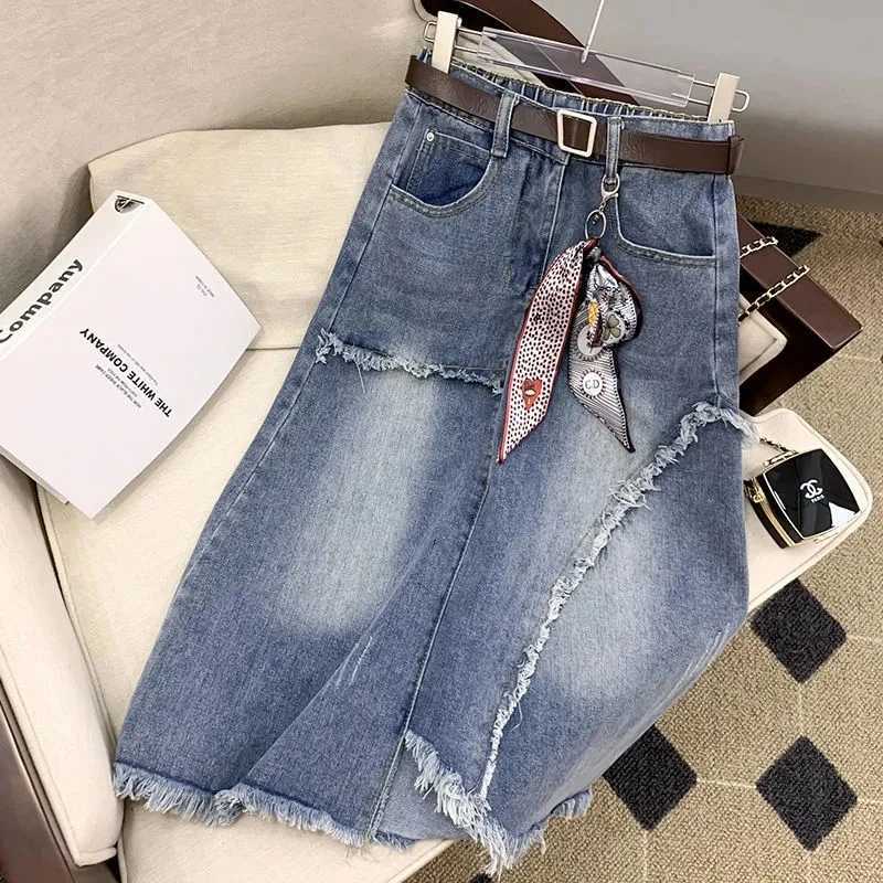 High waisted Denim Skirt 5XL Women 2025 New Slim Vintage Tassel Jeans A-line Skirts Casual Womens Long Skirt Street Clothing M260316
