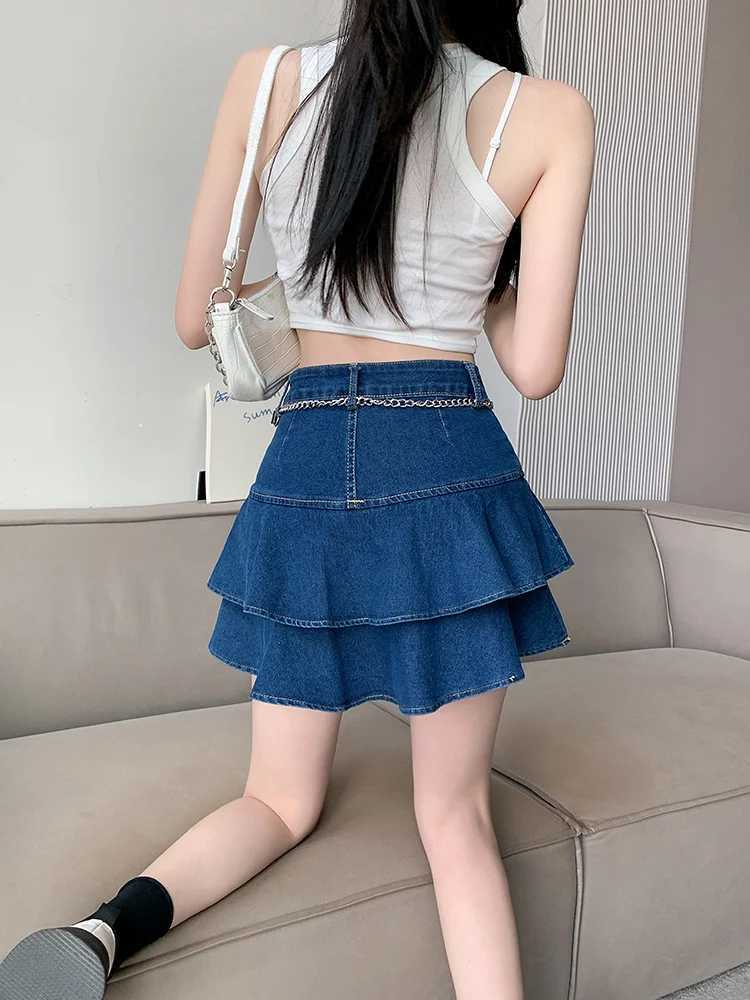 Vintage Woman Denim Shorts Skirts Summer 2023 Streetwear All Match Washed KAWaii Gown Ruffles Mini Jeans Saias Femme M260316