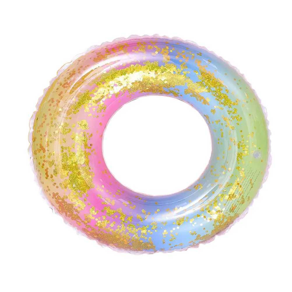 Sequins Translucent Gradient Rainbow Inflatable Swim Ring Safe Float Seat Ring Sports Accessory for Adults Women 70Cm Pool Beach M260316