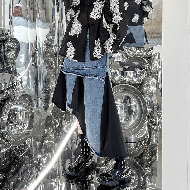 Women Spliced Denim Skirts Asymmetric Jeans Skirt A Line High Waist Zipper Ankle Lenth Loose Elegant Casual 2025 Spring Autumn M260316