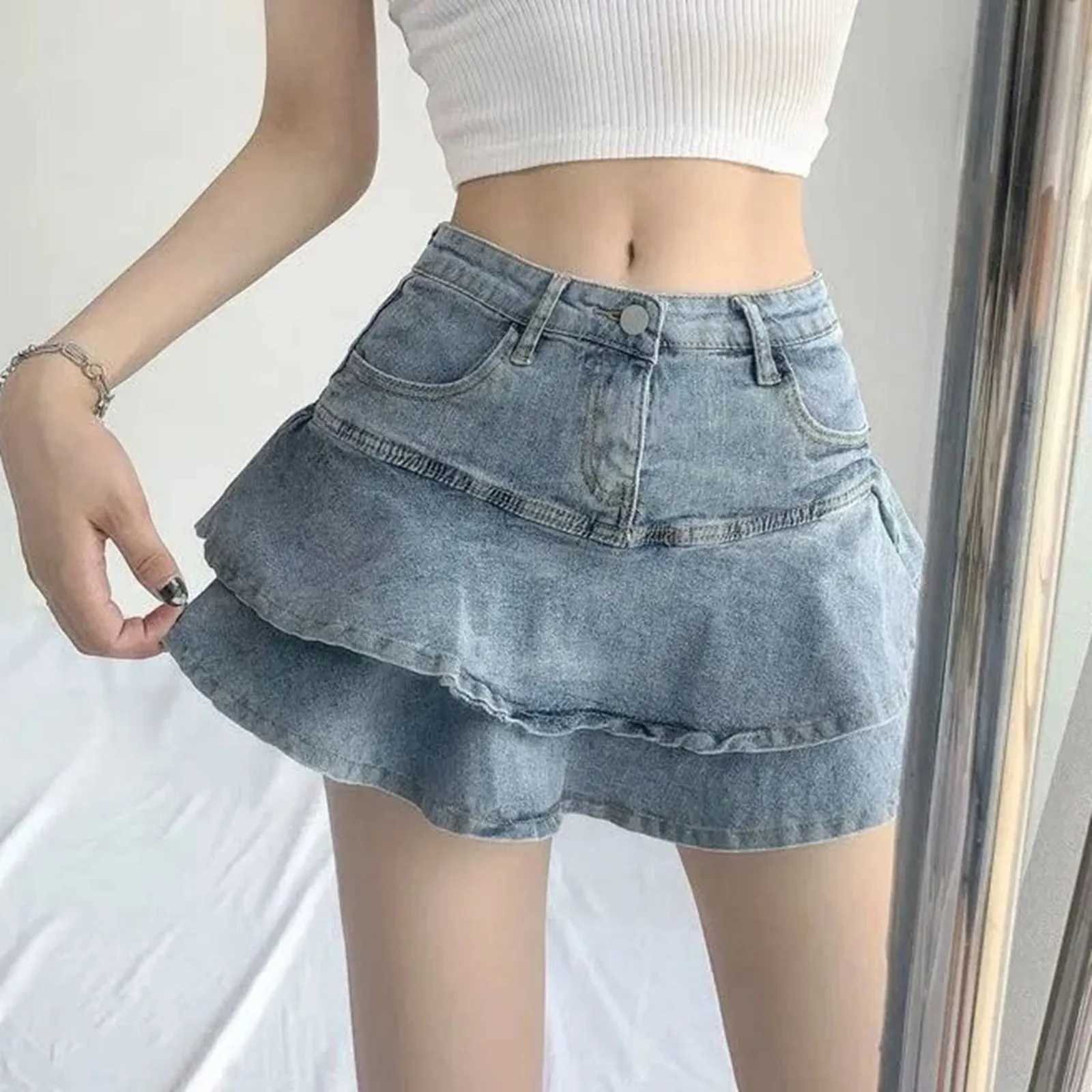 Women Summer High Waist A-Line Mini Cake Jeans Skirt Vintage Washed Pleated Ruffles Layered Tiered Casual Slim Denim Streetwear M260316