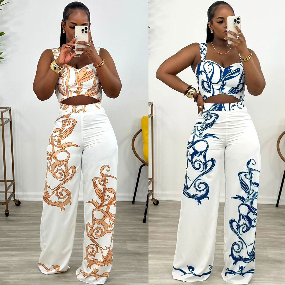 S10805 Sexy Printed Camisole HighWaisted WideLeg Pants TwoPiece Set 240816