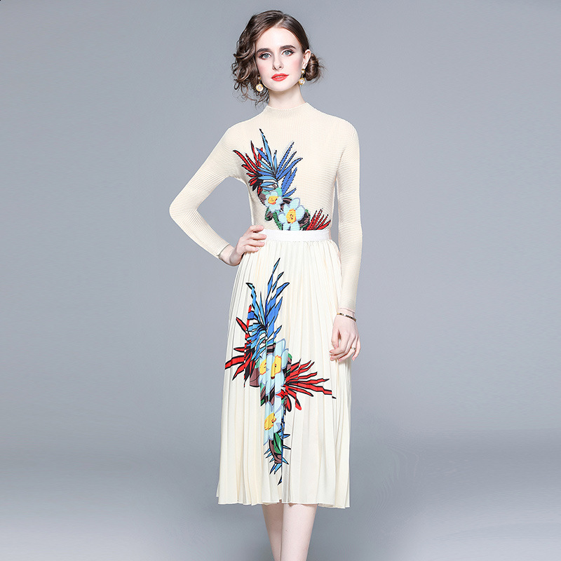 Two Piece Dress Summer Runway Flower Skirt Suit Womens Stretch Colorblock Knit Top High Waist Floral Printed Holiday Set 230516