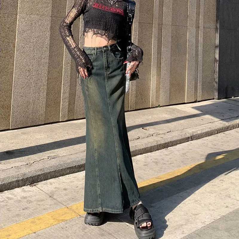 Biyaby Mermaid Denim Skirts Autumn Winter Woman Sexy Bandage Floor-Length Skirt Women Vintage Fashion High Waist Skirts Ladies M260316