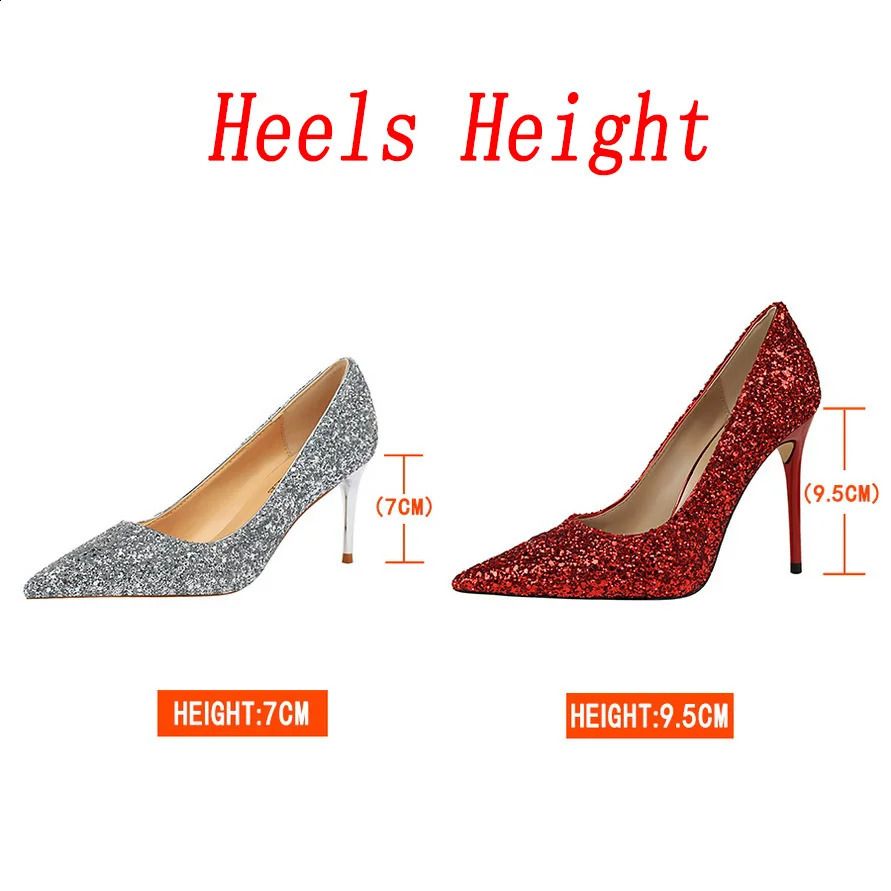 Women 7cm 95cm High Heels Pumps Wedding Bridal Scarpins Sparkly Mid Heels Lady Party Sequins Glitter Evening Gold Silver Shoes 260625 - view 7