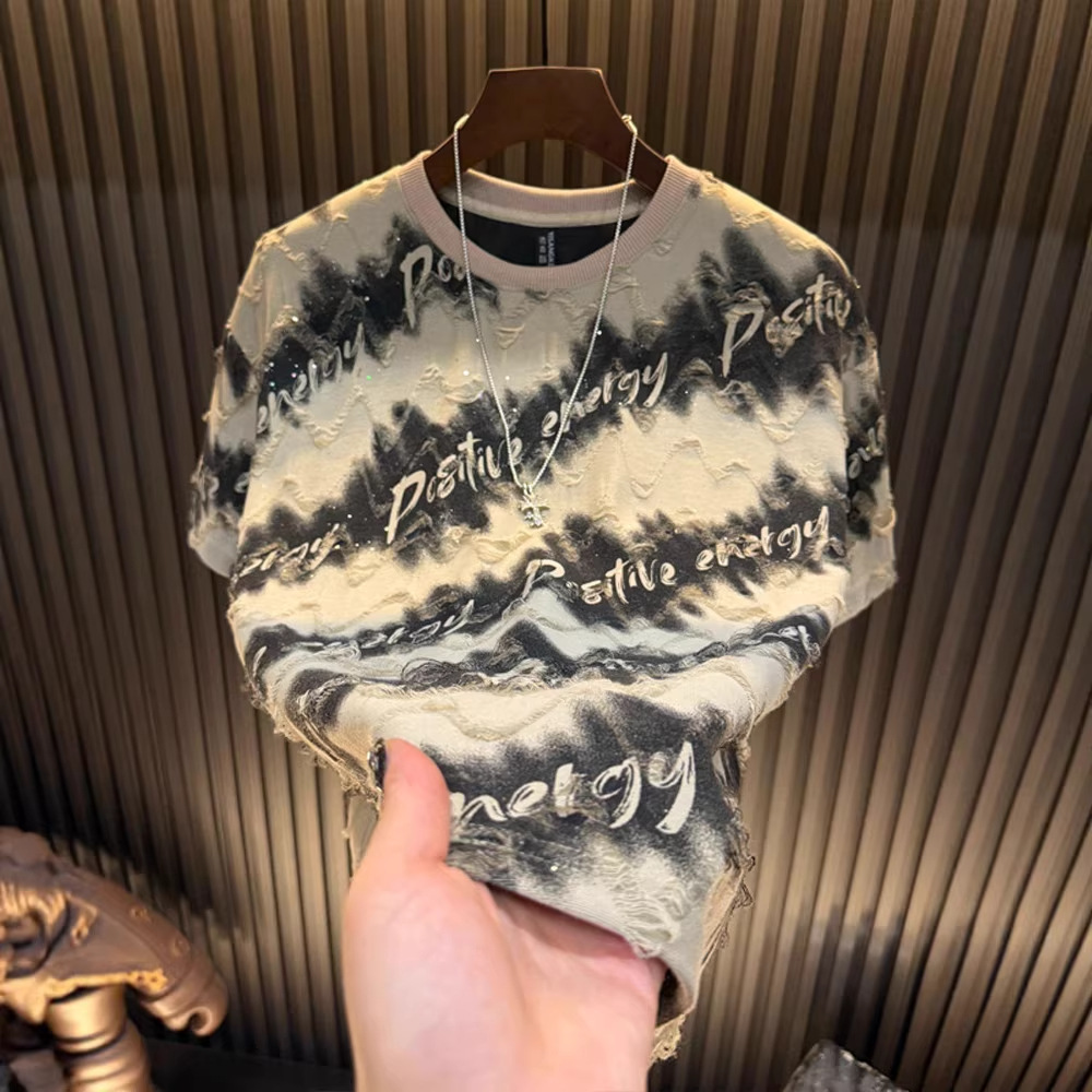 2026 Summer New Short Sleeve Starry Sky Drilled Hole Design Fashionable T-shirt Casual Round Neck Men's Top