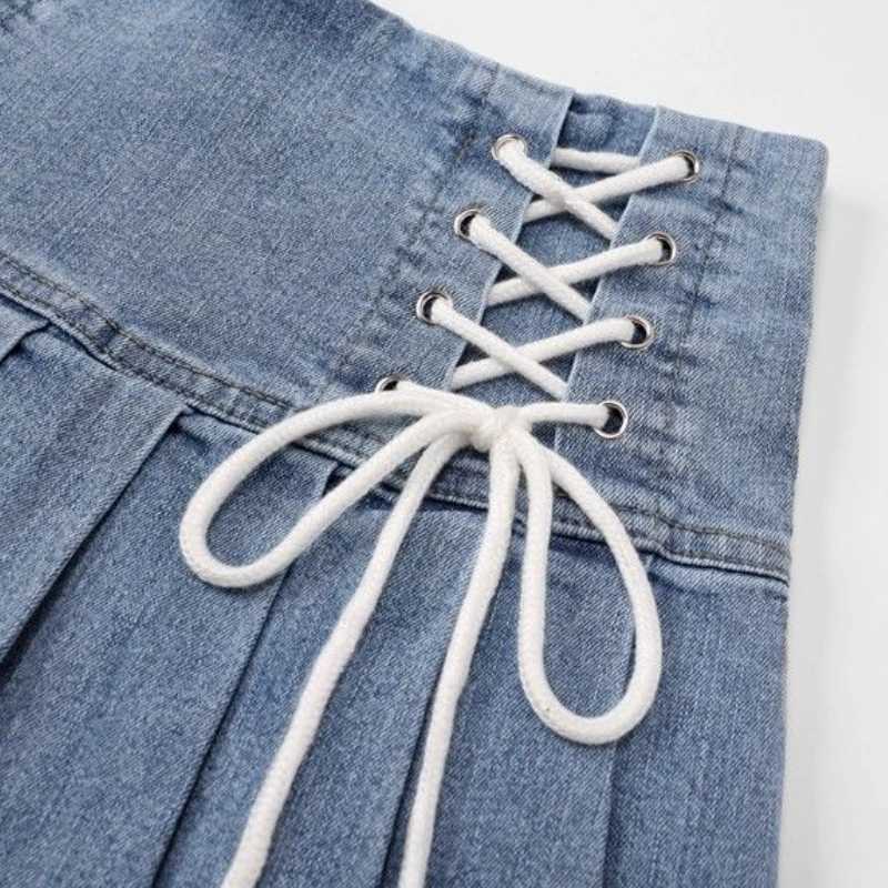 Denim Pleated Skirts Women Cute Lace-up Chic ish Summer Mini Skirt Korean Style Fashion Sexy High Waist Streetwear College M260316