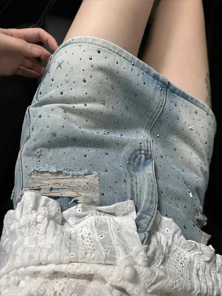 Vintage Denim Starry Skirts Women Mini Rhinestone A-line Korean Style Hot Spicy s Summer Streetwear Stylish 4XL Chic M260316