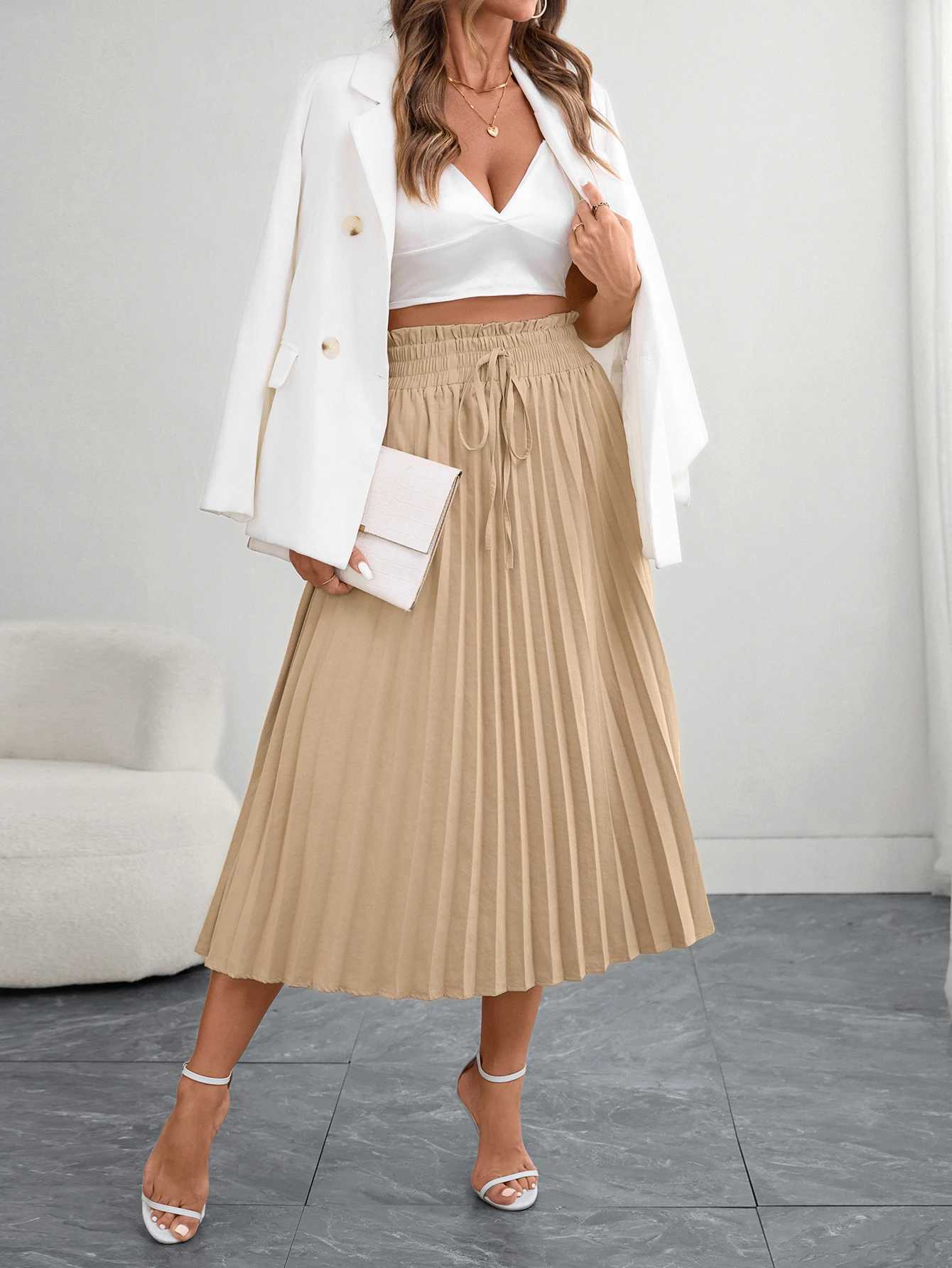 Womens Beige Pleated Midi Skirt Elegant a Line Half Skirt with Elastic Waistband Perfect for Office Wear M260316