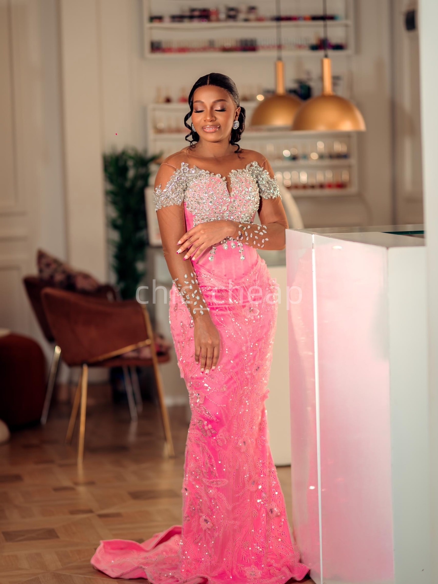 2K26 Pink Prom Dress 2026 Mermaid Prom Dress Beaded Crystals Floral Lace Sheer Neck Evening Dresses Birthday Party Formal Receiption Gowns Dresses ZJ0