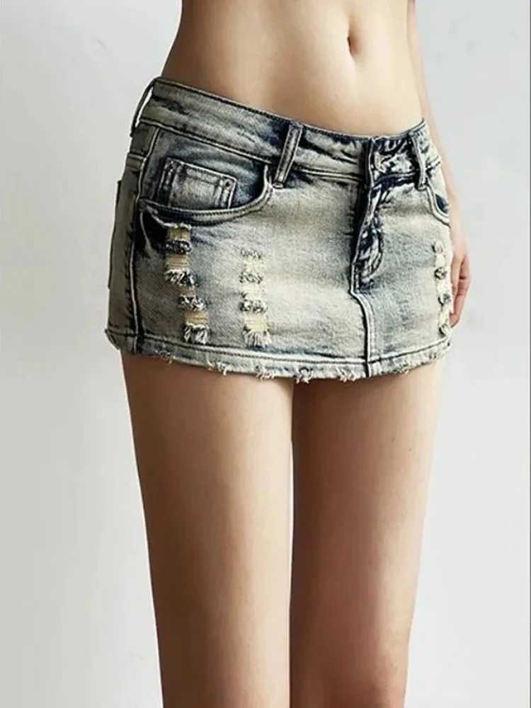 Korean Y2K Spicy Sexy Low Waist Denim Mini Skirt Womens New Summer Fashion Elastic Tight Wrap Hip Anti Shining Ultra Skirt M260316