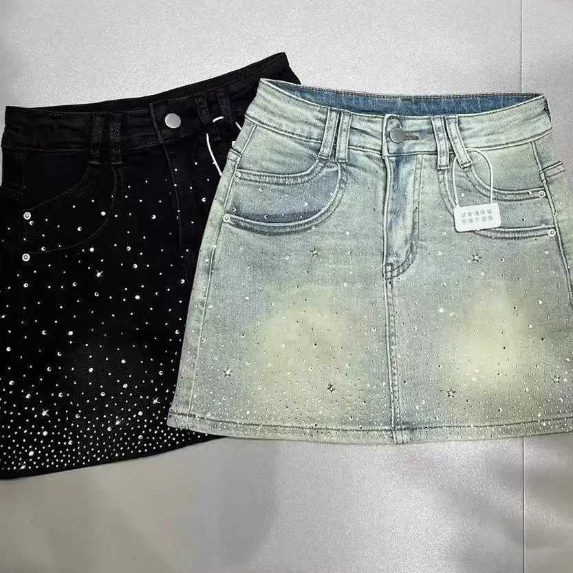 Starry Hot Rhinestone Denim Skirt for Women Summer New Retro Slimming a-Line Sheath Denim Skirt M260316