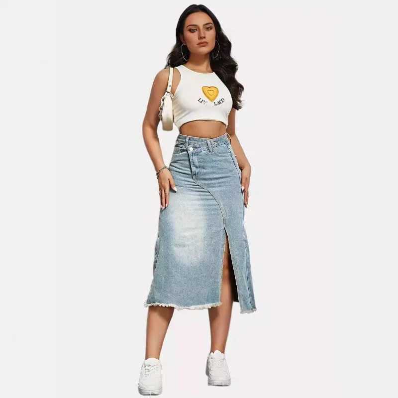 1pcs Vintage Denim Skirt for Women Fashion A Line Skirt High Waist Mid Length Denim Half Body Skirt M260316