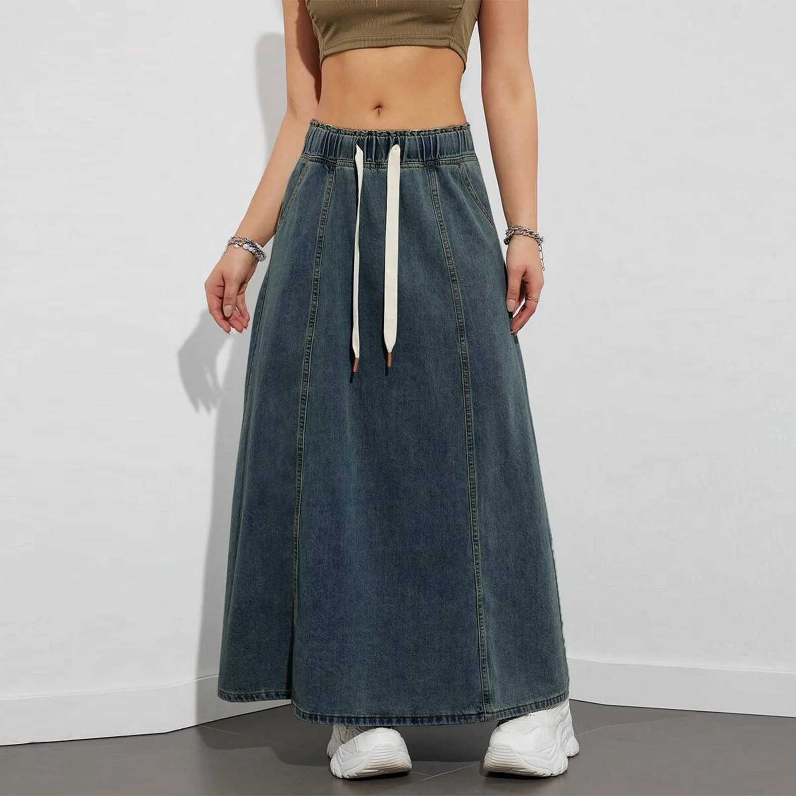 Fashion Womens Denim Long Skirts Elastic Drawstring High Waist A Line Flare Jean Skirt for Spring Fall Y2K Streetwear M260316