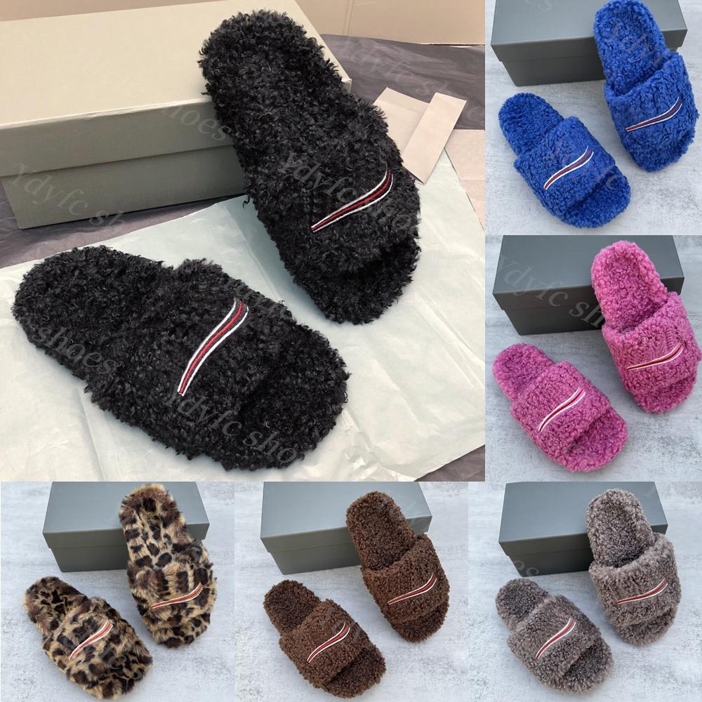 Luxury Triangle Slides Designer Men Women Slippers Ladies Wool Winter Fur Fluffy Furry Warm Letters Sandals Comfortable Fuzzy Girl Paris Flip Flop Slipper Size 35-47