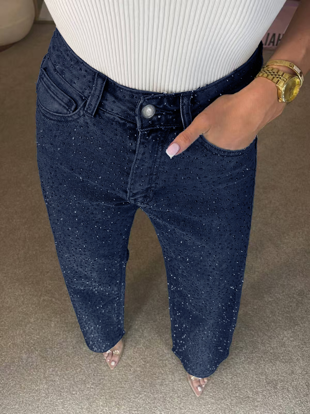 Women's Jeans Women's full-rhinestone washed jeans, high-waisted straight-leg pants with a sophisticated look, trendy long pants for women