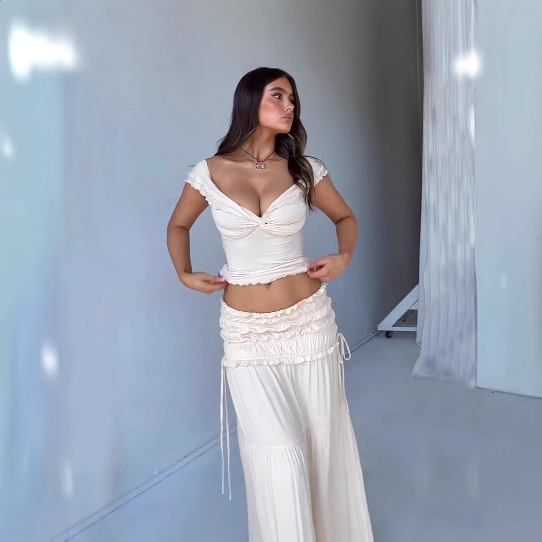 3D Flower Strapless Top Twisted Long Skirt Set Slim Fit Vest Blouse Ribbon Lace Up High Waist Crop Yarn Wrap Hip Skirts Women 250711