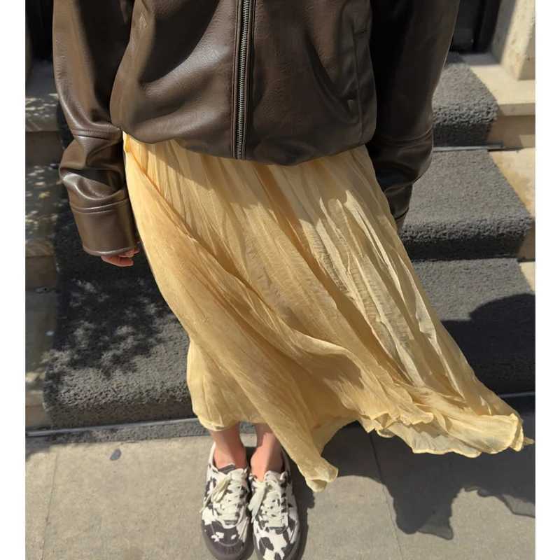 MUJER Yellow Pleated Long Skirts for Women Layered High Waist Midi Skirt Woman Summer Ruched Womens Skirt Beach Skirt Women M260316