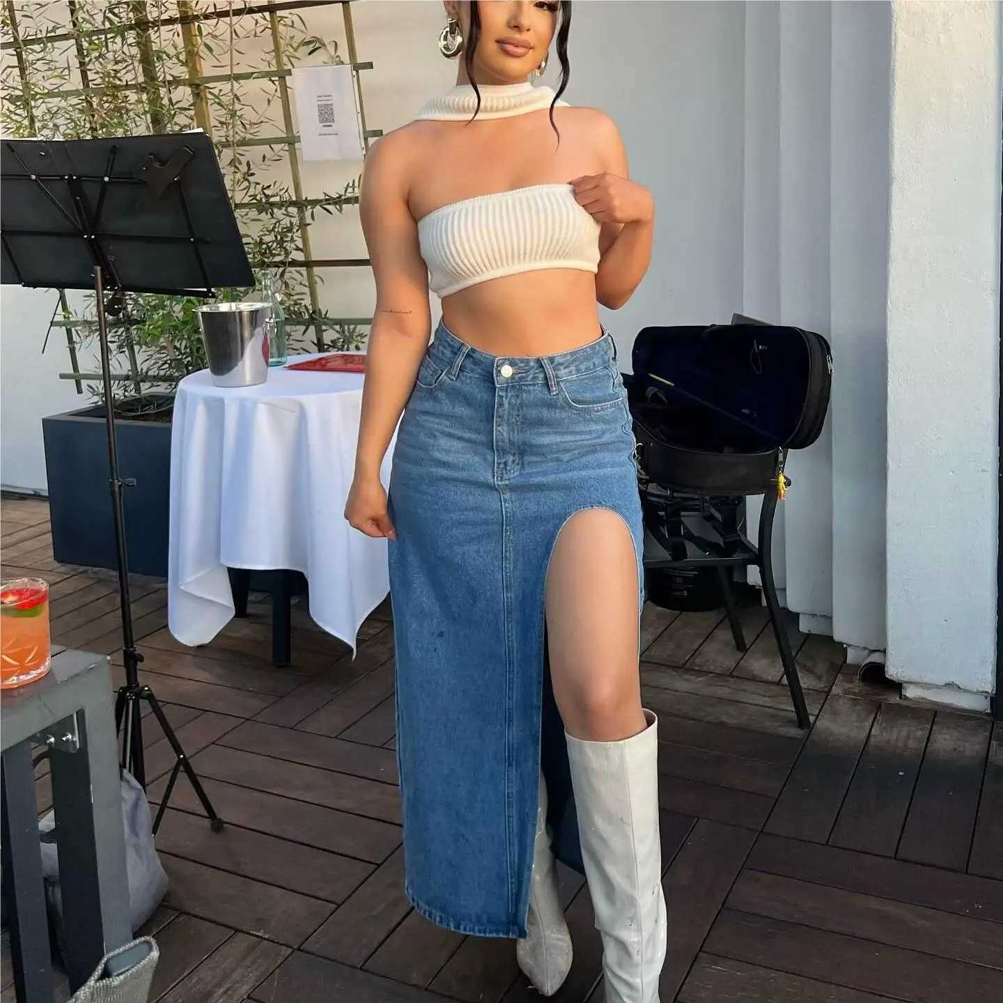 2024 Summer Midi Skirts Vintage Clothes Sexy Skirts For Women Blue Jeans Skirt High Waisted Denim Skirt Split Thigh Denim Skirt M260316