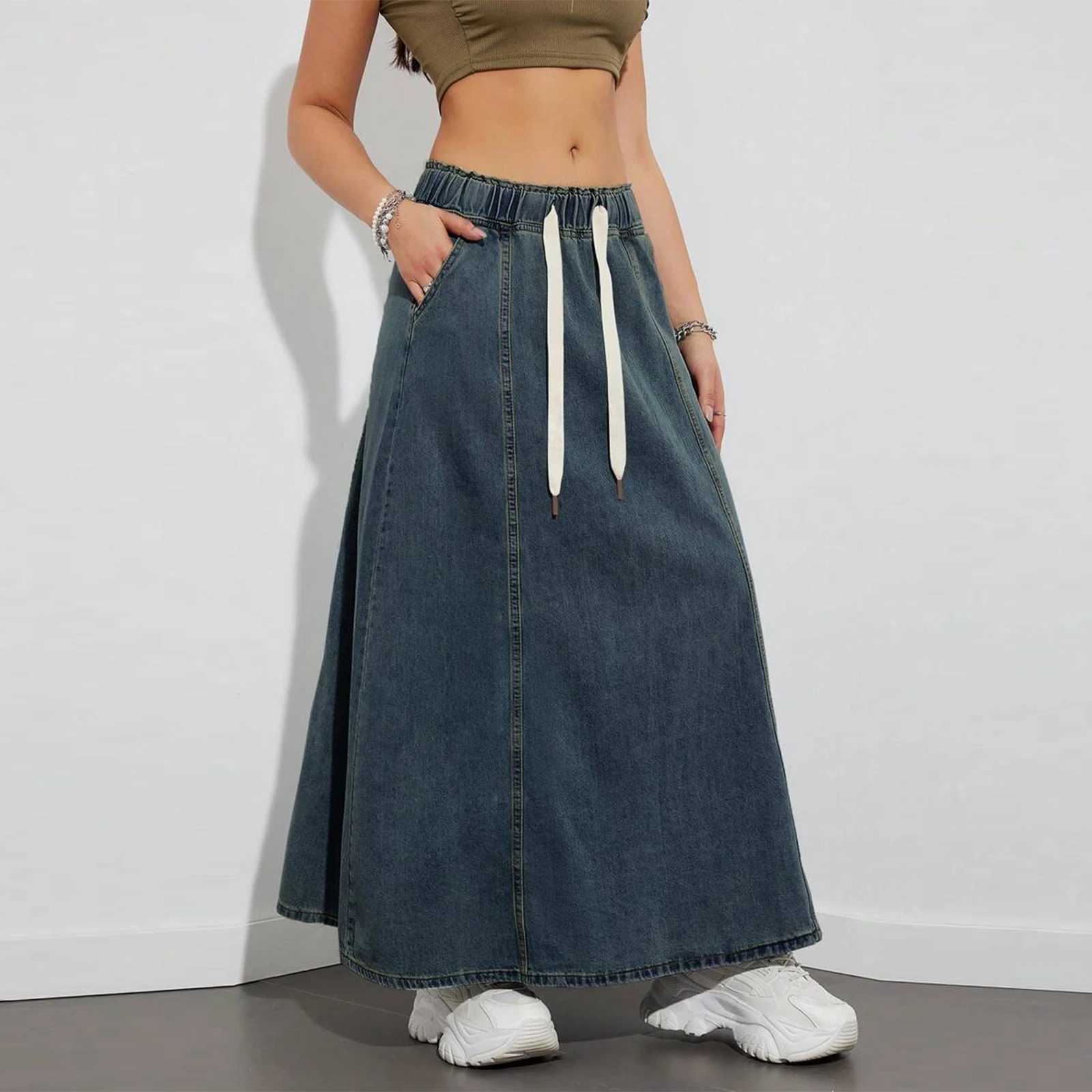 Fashion Womens Denim Long Skirts Elastic Drawstring High Waist A Line Flare Jean Skirt for Spring Fall Y2K Streetwear M260316