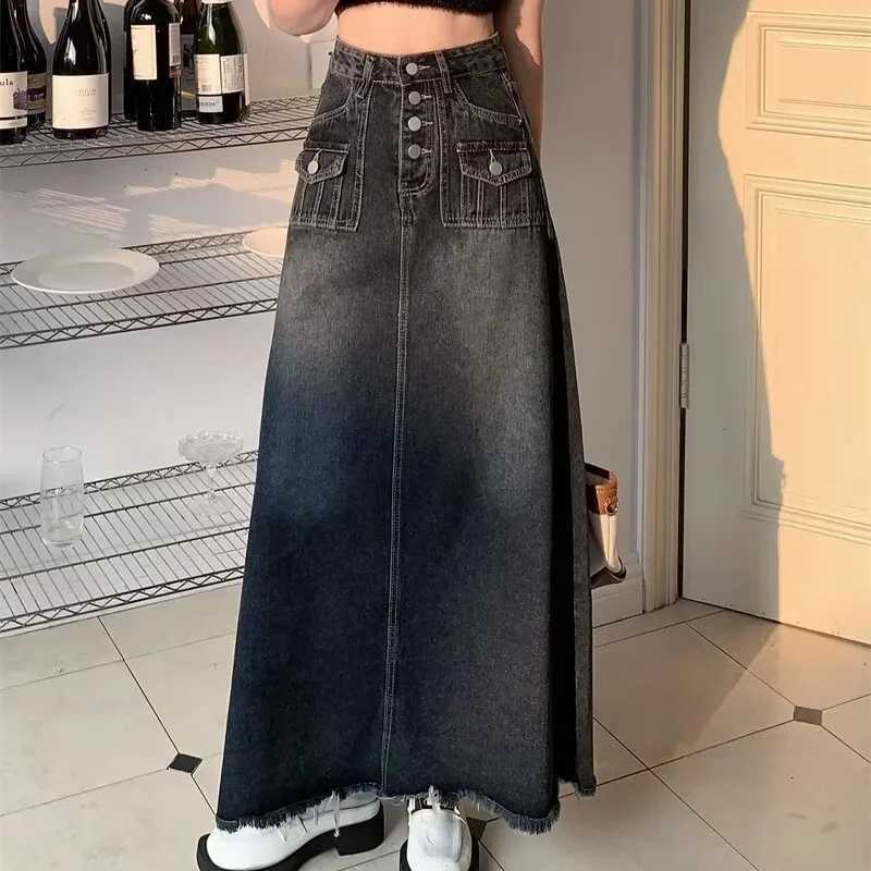 2024 New Streetwear Denim Skirt Spring Summer Fashion Frayed Hem Pocket High Waist Long Jeans Skirt Loose Plus Size Skirt S-5XL M260316