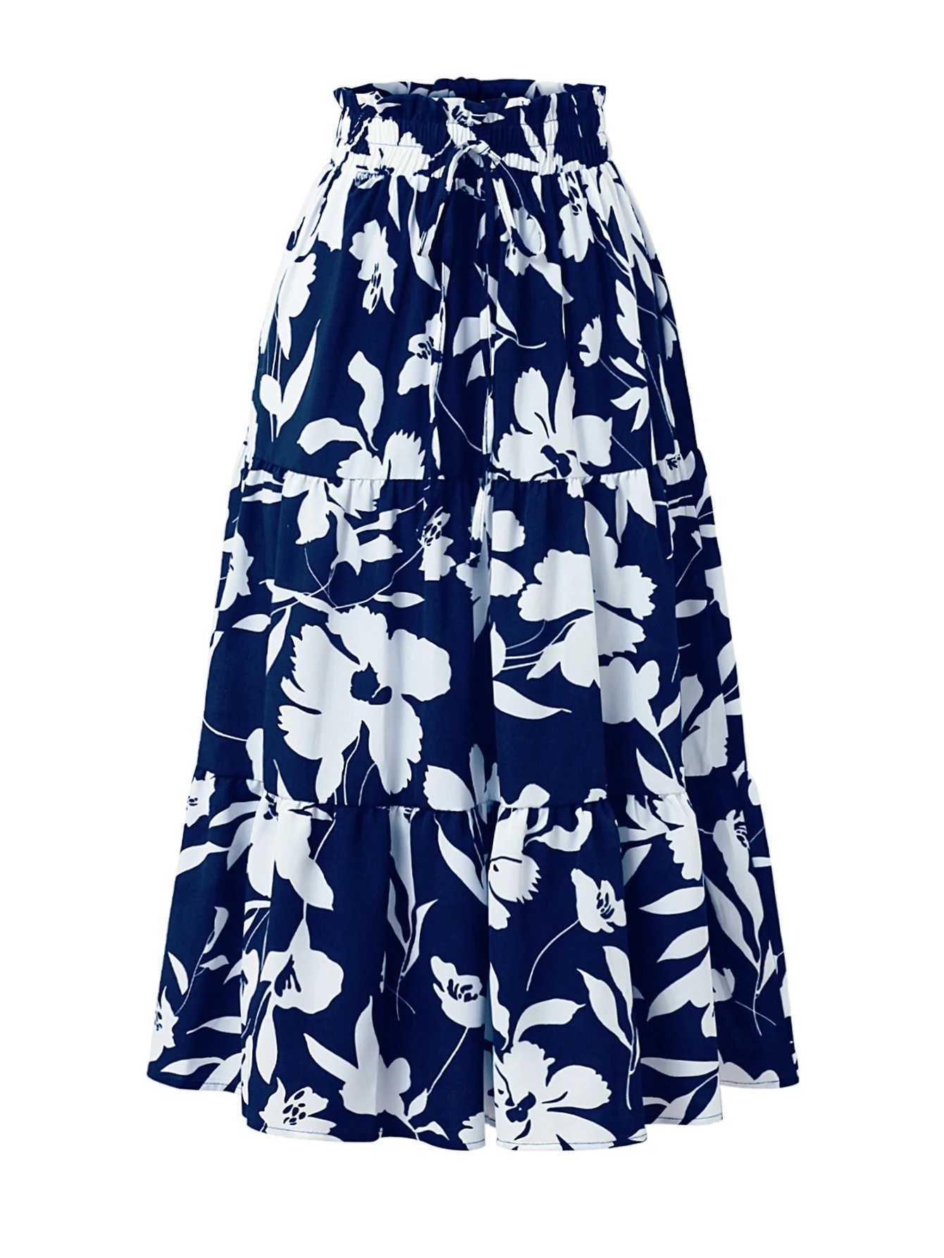 Womens Maxi Skirt Elegant Botanical Print a Line Long Half Skirt with Elastic Waist Perfect for Casual Wear M260316