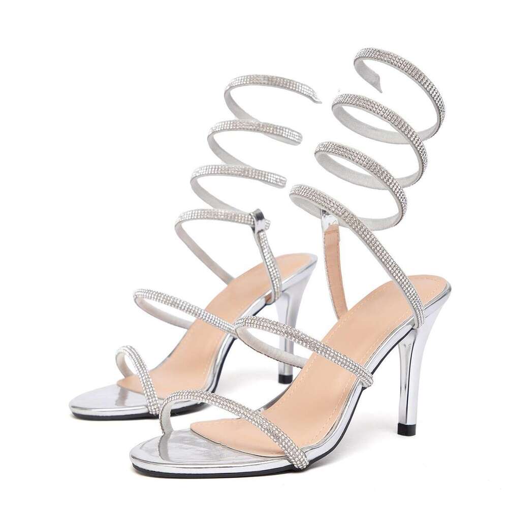 2026 New Style Rhinestone High Heel Sandals with Spiral Wrap Design, Elegant and Graceful Women's Design Shoe Shoes