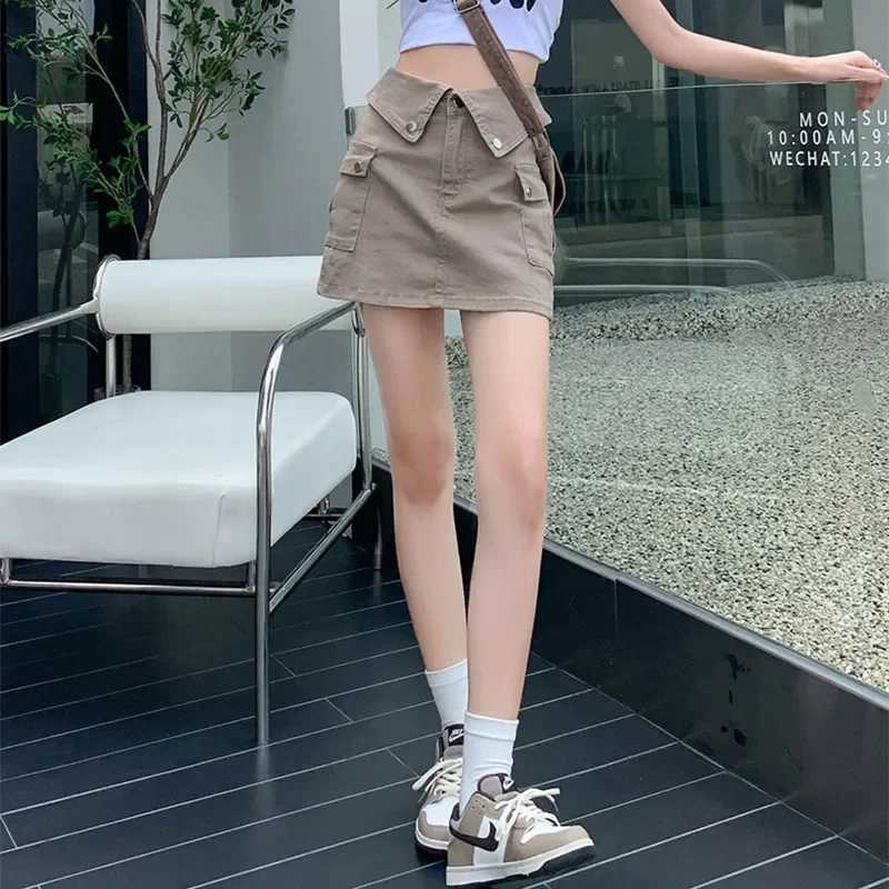 Fashionable Flap Pocket Button Skirts Female Clothing American High Waist Spring Summer New Solid Color Denim Cargo Mini Skirts M260316