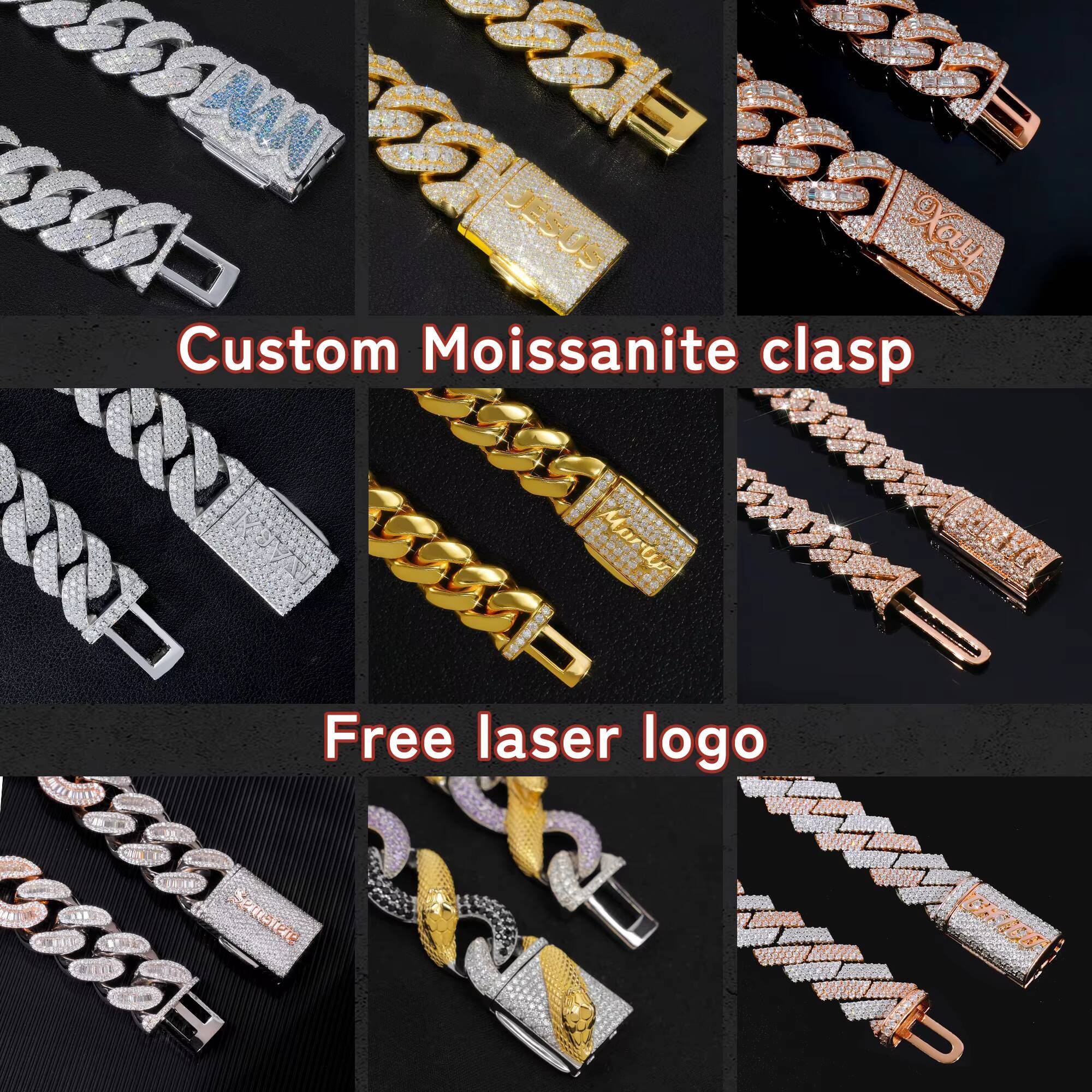 Gold Plated 14K Custom Moissanite Clasp 16mm 18mm Cuban Link Chain 925 Sterling Silver Hiphop Gift Party