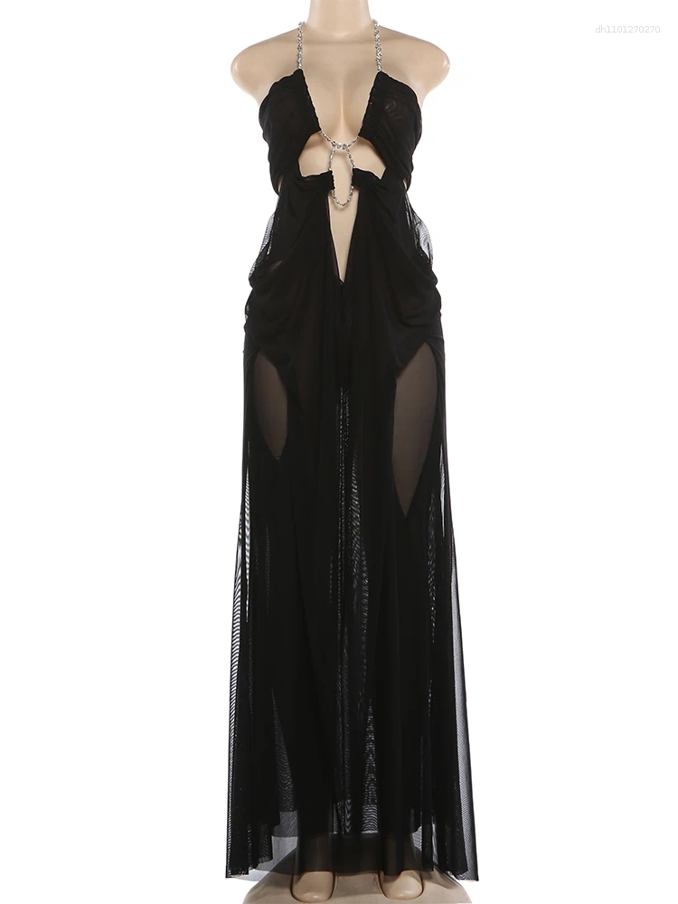 Casual Dresses Weird Puss Sexy See Through Dress Women Halter Chain Backless Irregular Ruched Patchwork Vacation Birthday Party Clubwear