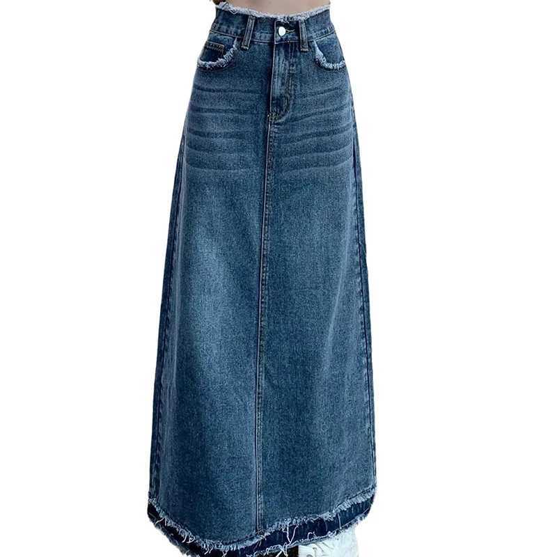 Summer Street Style Rough Edge Skirt Korean Version Women Retro Casual High-waisted A-line Skirt Temperament Loose Denim Skirts M260316