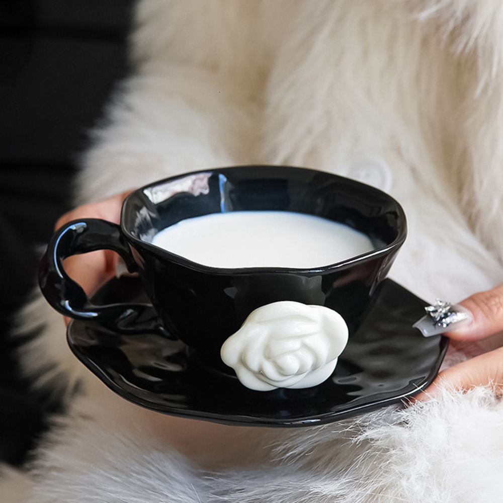 Eight-Sided Camellia and Saucer 1 Piece Cup High-End Exquisite Gift Ceramic Breakfast Oat Milk Mug