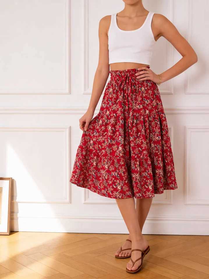 Womens Floral Tiered Midi Skirt Elegant a Line Half Skirt with Elastic Waistband Perfect for Spring Summer Casual Wear M260316
