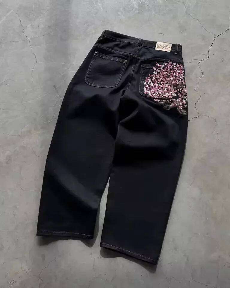 Sakura embroidered wide-leg pants y2k low-waist hip-hop clothing men wons decorated with loose jeans vintage style 26W0316