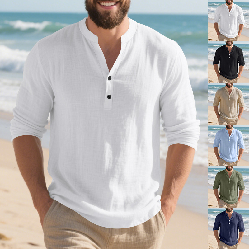European Hoodie And American Independent Site Spring And Autumn Men's Casual Polo Linen Shirt Standup Collar Henley Shirt Longsleeve Shirt For Men