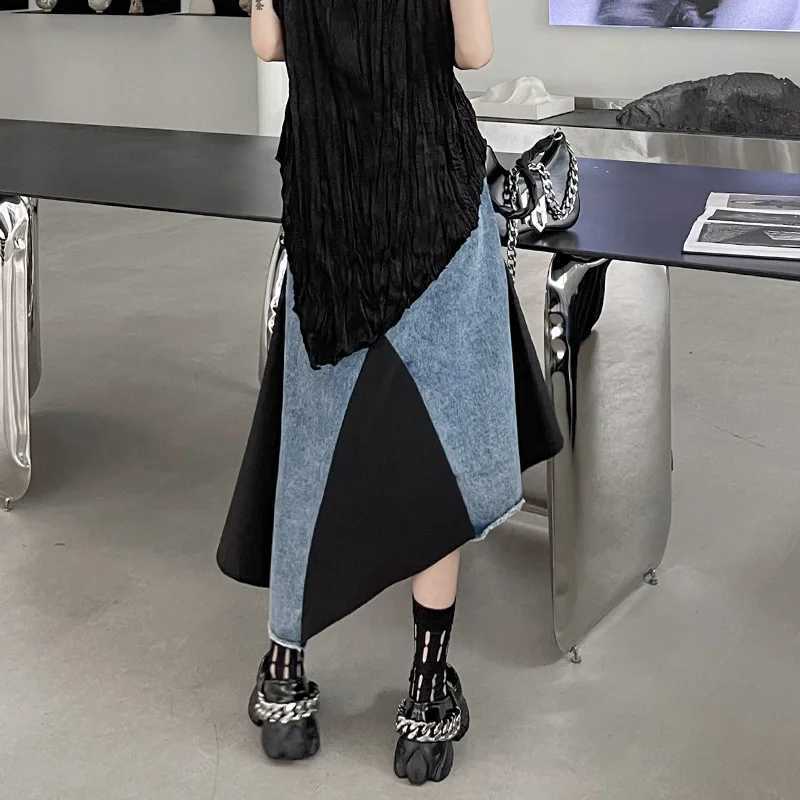 Women Spliced Denim Skirts Asymmetric Jeans Skirt A Line High Waist Zipper Ankle Lenth Loose Elegant Casual 2025 Spring Autumn M260316