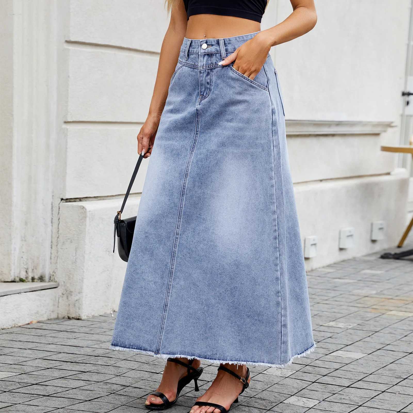 Denim Long Skirt Women Summer Basics Skirts Streetwear High Waist Washed Distressed Pockets Button 2025 Female Vintage A Line M260316