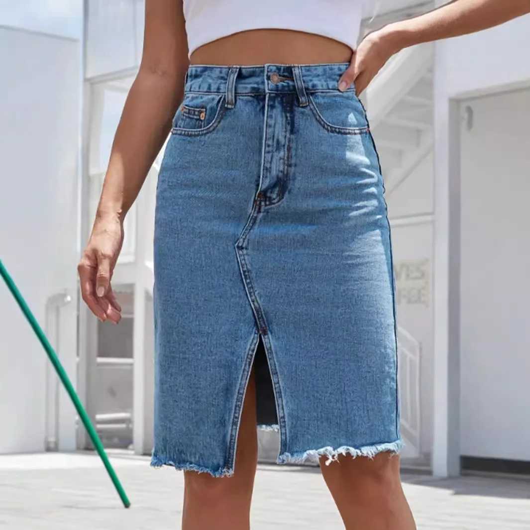 Fashion Midi Cotton Denim Skirt Women 2024 Casual Slim High Waist Asymmetrical Blue Jean Skirts Y2k Faldas Elegant M260316